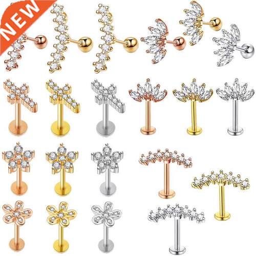 Crystal Flower Tragus Piercing Earring Flat 16G Cross Cartil