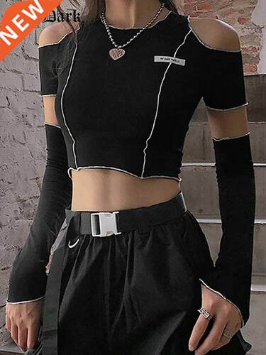 Goth Dark E-girl Style Patchwork Black T-shirts Gothic Open
