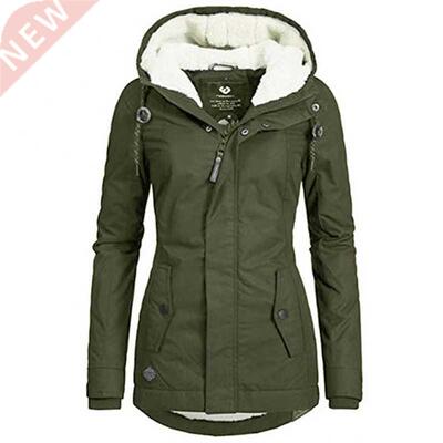 Cotton Padded Jacket Black Women Solid Hood Fur Warm Winter