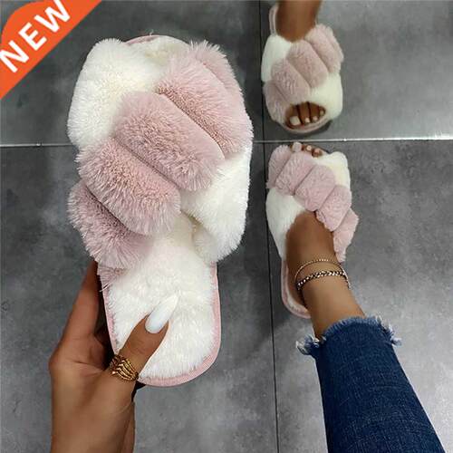 2022 Winter Women Furry Slippers Soft Plush Cross Faux Fur S