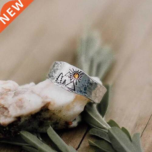 Forest Mountain Sun Nature Landscape Carved Ring for Women M