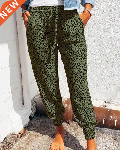 Women Leopard Printed Trousers Loose Lace-up Waist Long Pant