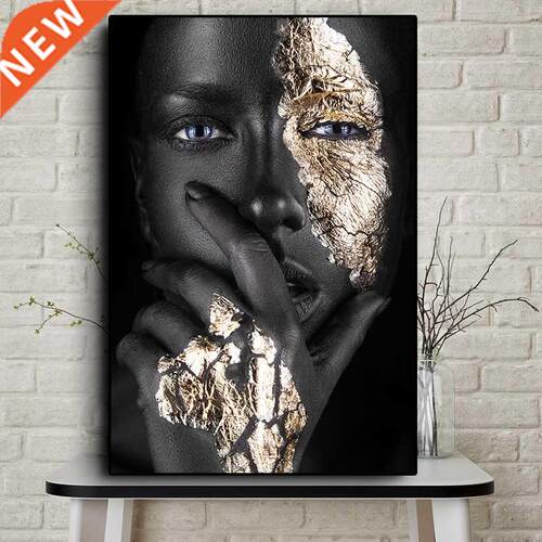 African Art Black and Gold Woman Oil Painting on Cuadros Po