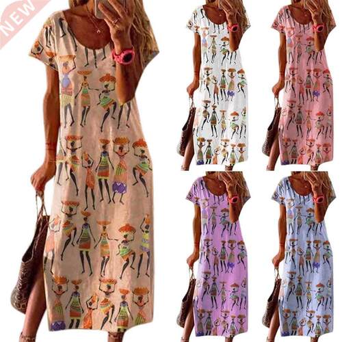 Loose gown national wind digital printing short sleeve dress
