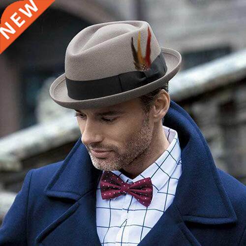 Men Women Diamond Top Feather Band Pork Pie Hats Fedora Sunh