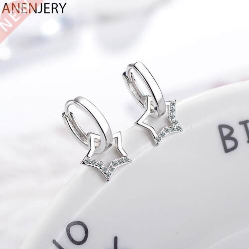 ANENJERY Silver Color Simple Zircon Hollow Star Pendant Hoop