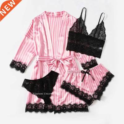 Woman Sleepwear 4pcs Floral Lace Trim Satin Pajamas Set with