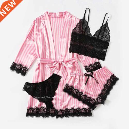 Woman Sleepwear 4pcs Floral Lace Trim Satin Pajamas Set with