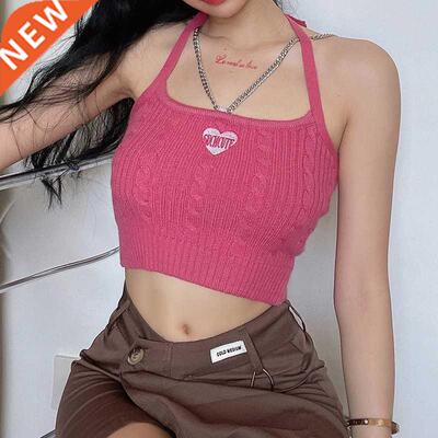 2022 Summer Fashion New Halter Neck Love Print Crop Top Slee