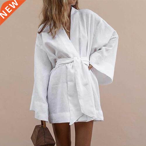 Women's V-Neck Kimono Cardigan Mini Dress White Cotton Linen