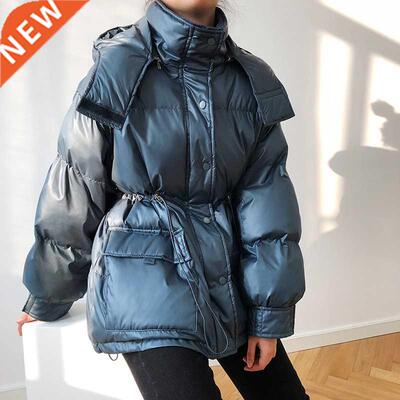 Winter Drawstring Waist Hooded Down Cotton Coat Loose Pocket