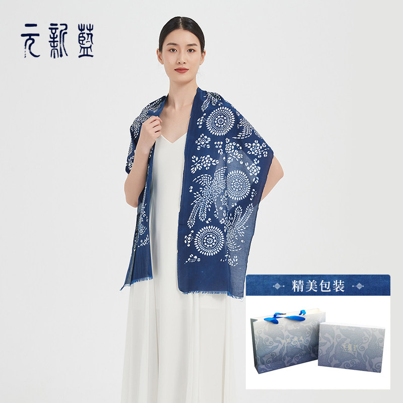 传统手工制作元新蓝原创中国风凤凰团花真丝围巾女士百搭送礼