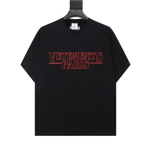 潮流宽松上衣百搭 T恤男女美式 美式 潮牌VETEMENTS黑色字母印花短袖