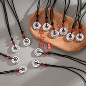 光面款 手工锤纹情侣挂坠 S999足银平安扣吊坠实心项链招财貔貅个性