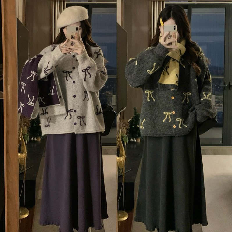 实拍大码秋冬减龄软糯保暖宽松蝴蝶结毛衣开衫简约针织裙两件套装