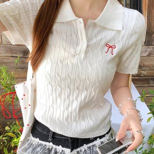 蝴蝶结刺绣短款 白色POLO领纽扣设计短袖 新款 针织衫 上衣 女2025夏季