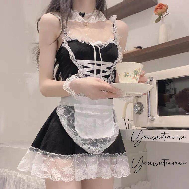 大码清趣性感连衣裙女仆女佣cos制服纯欲风吊带睡裙床上擦边套装