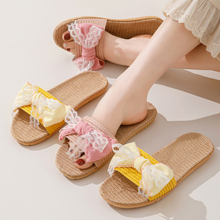 春秋居家棉麻拖鞋 女批发 女室内凉拖鞋 跨境INS蕾丝蝴蝶结亚麻拖鞋