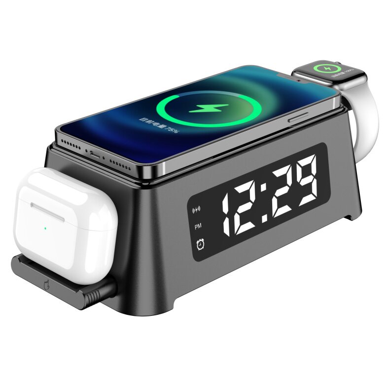 多功能无线充电器电子时钟闹钟日历温度计显示手机手表耳机支架三合一无线充外贸跨境货