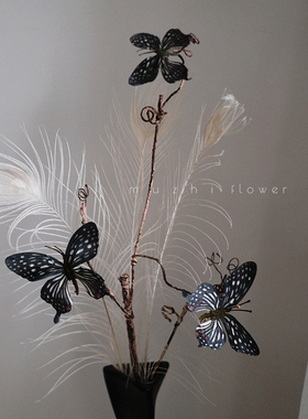 3d立体仿真蝴蝶黑色蓝色复古仿真花高端轻奢客厅摆设花瓶插花装饰