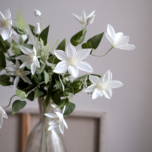 饰花卉仿真花假花绢花高档客厅花束摆件餐桌花摆花 白色铁线莲装