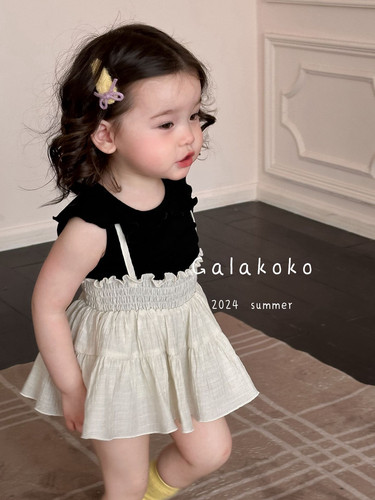 Galakoko25夏款ins风周岁服短袖婴儿服分体哈衣净色背心搭配短裙