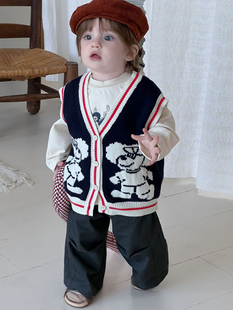 现货男宝婴幼童卡通针织上衣韩版裤子外出ins风可爱图案马甲开衫