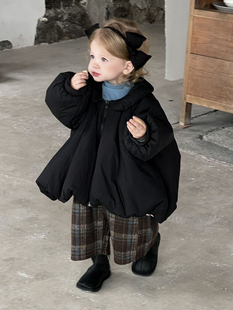 Galakoko冬季黑色宽松棉服女宝洋气格子吊带裤针织莫代尔上衣套装