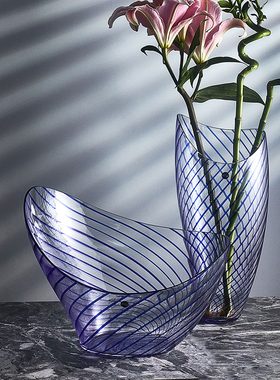 NUDE努德 土耳其进口水晶玻璃蓝色条纹花瓶花器样板房装饰摆件