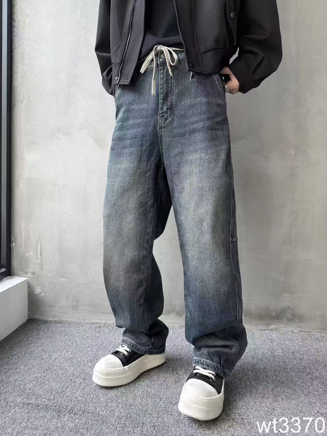 微腾3370新款秋冬男士休闲长裤牛仔裤阔腿裤宽松直筒男款加绒磨毛