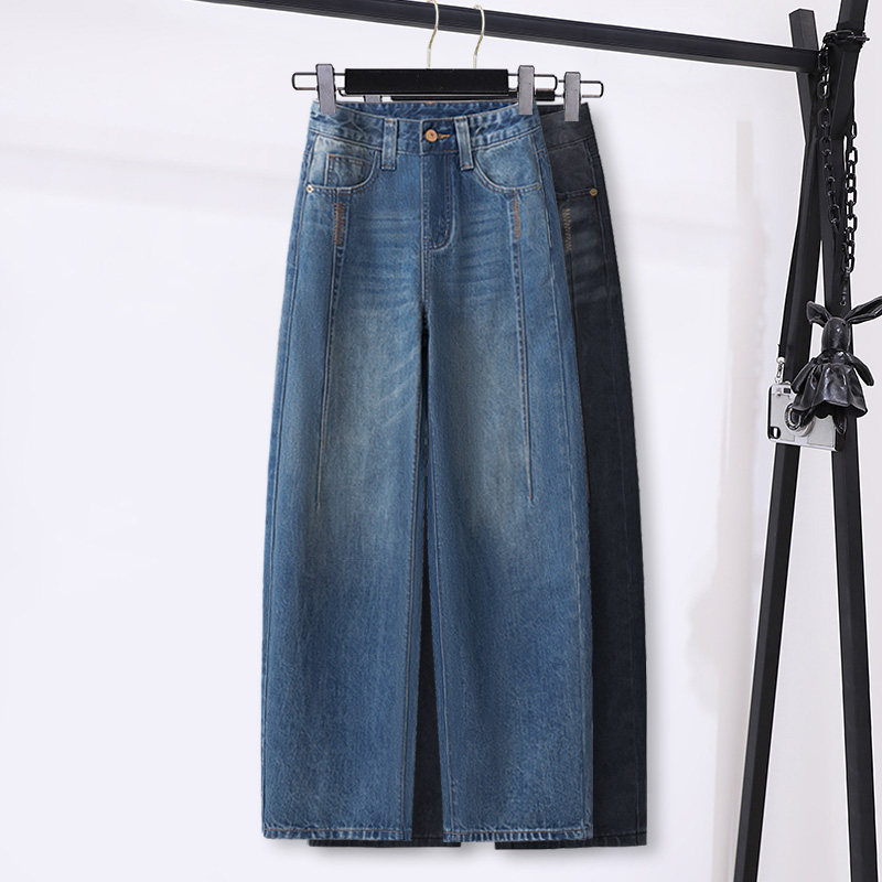 蓝色时尚高腰牛仔弯刀裤女阔腿裤