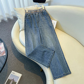 高腰宽松显瘦阔腿裤 春季 子 女2026年新款 复古蓝色松紧腰直筒牛仔裤