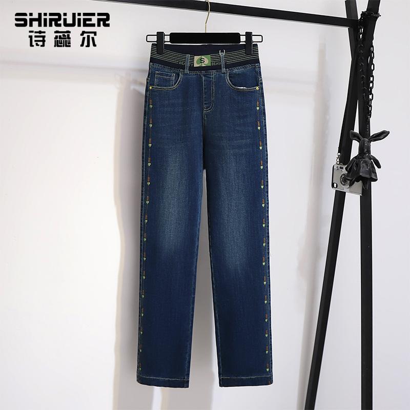 诗蕊尔松紧腰复古加绒阔腿牛仔裤