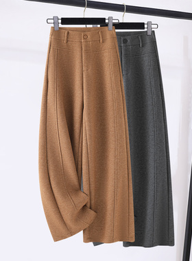 灰色卡其色羊毛呢加绒阔腿裤女2025秋冬新款高腰垂感直筒休闲裤子
