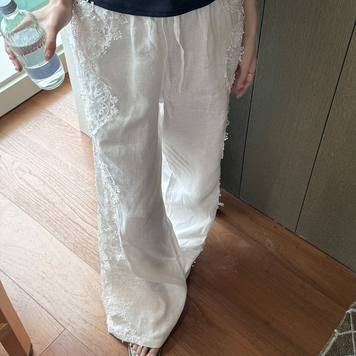 叶嘉Nailah&middot;重工力推!  蕾丝拼接亚麻裤 显瘦松紧腰休闲裤长裤女