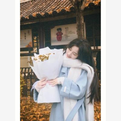 蓝色小个子呢大衣女中长