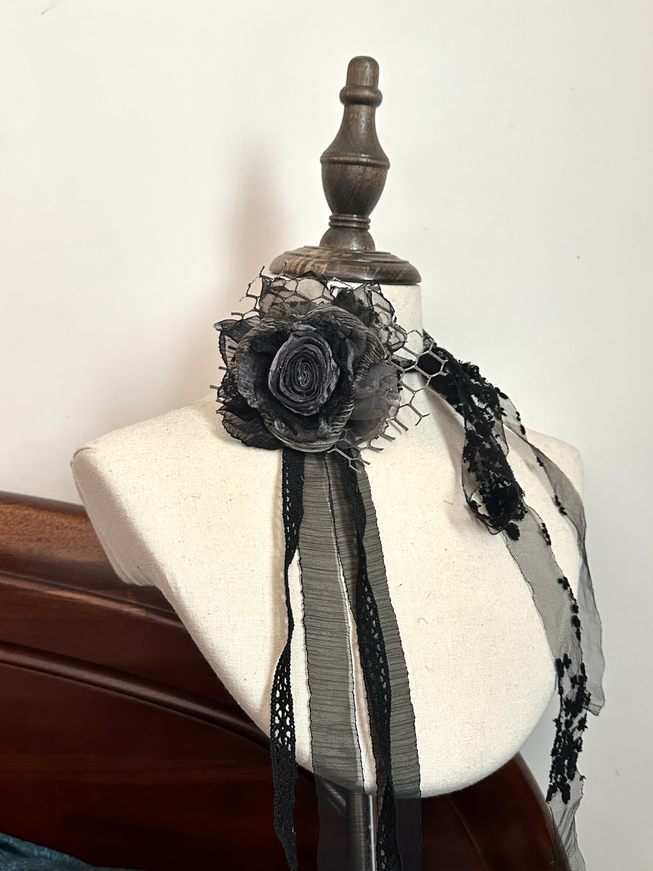 TeNg原创手作水墨色布艺玫瑰花颈带choker/胸针/发卡 蕾丝颈带