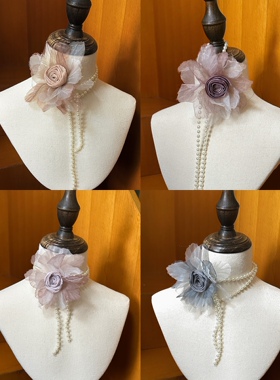 TeNg原创设计手作法式玫瑰珍珠项链 颈链锁骨链项圈choker大花朵