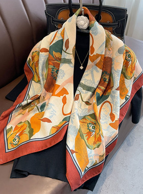 高级感橙色时尚双面异色仿绵羊毛围巾女春秋百搭亲肤90大方巾披肩