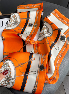 复古亮橙色丝巾女春夏新款百搭洋气时尚长条双面围巾领巾发带飘带