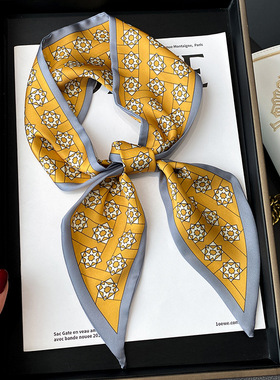 复古黄色太阳花小丝巾女百搭细窄长条扎马尾发带飘带绑包丝带领巾