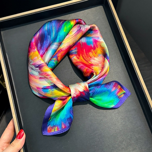 彩虹油画100%桑蚕丝丝巾真丝小方巾女春秋搭配衬衫系脖子装饰围巾