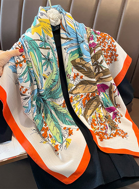 复古橙色印花春秋薄款90方巾女气质百搭棉麻围巾围脖外搭披肩纱巾