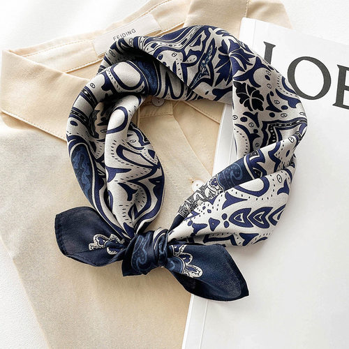 100%桑蚕丝丝巾藏青色印花围巾