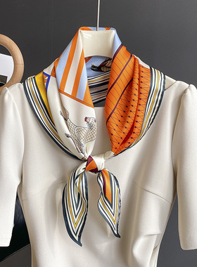 韩系橙色丝巾菱形小坎肩围巾女春夏款装饰长条发带飘带搭T恤领巾
