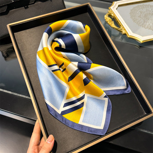 黄蓝拼色100%桑蚕丝丝巾女时尚通勤百搭配衬衫职业围巾真丝小方巾