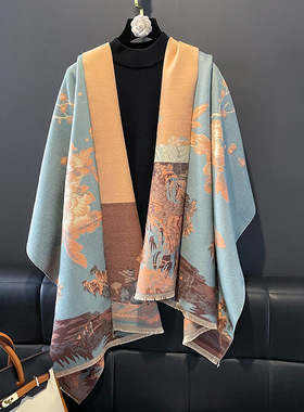 复古宫廷风蓝色高端双面仿羊绒围巾女秋冬季韩版披肩长款加厚围脖