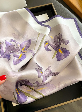 韩版新款水仙花紫色气质真丝围巾女杭州丝绸桑蚕丝小方巾丝巾领巾