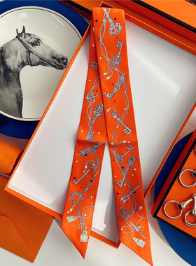 高端橙色丝巾真丝桑蚕丝细窄长条绑包包丝带缠手柄飘带多功能领巾