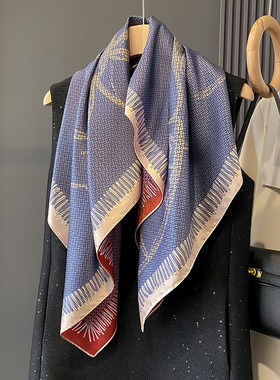 优雅紫色双面印花90cm大方巾正方形丝巾女春秋外搭披肩围巾配衬衫